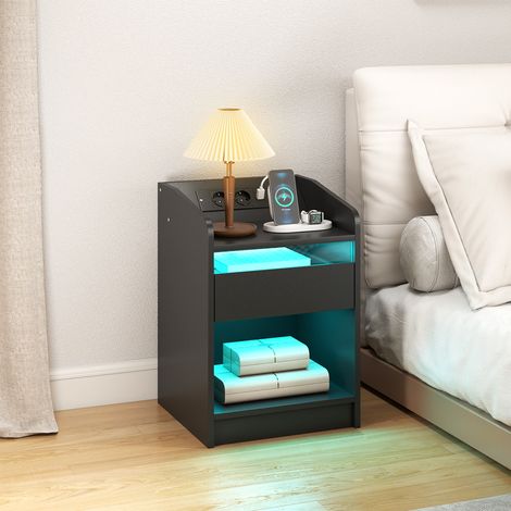 Mesita de Noche con Estación de Carga Luz LED RGB Cajón Estante Abierto Puertos USB y Control Remoto 40x40x58 Cm Negro (1/5)