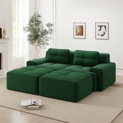 REDOM - Sofá modular de 2 plazas, confort nube, asiento profundo 74 cm, sin montaje, pana verde (1/5)