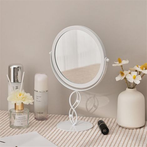 Miroir de maquillage rétro de table avec rotation à 360°, miroir de rasage HD de comptoir, miroir de beauté rond pour salle de bain et hôtel, blanc (1/5)