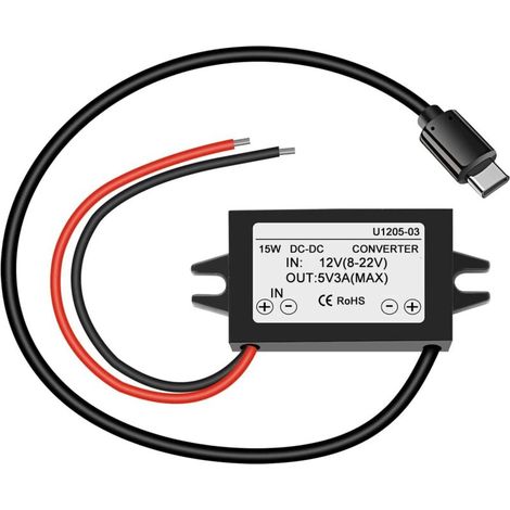 1 pièce convertisseur abaisseur USB c DC 12V à 5V 3A,Interface de Type c Module Buck étanche 25W Adaptateur d'alimentation Compatible avec Raspberry pi 4,téléphones Portables