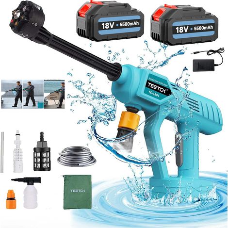 Tragbarer Akku für Auto-Hochdruckreiniger, kabellose Reinigungspistole, Wasserstrahl, 6-in-1-Düse + 2 x 5,5-A-Akku + Ladegerät, kompatibel mit Makita-Akku