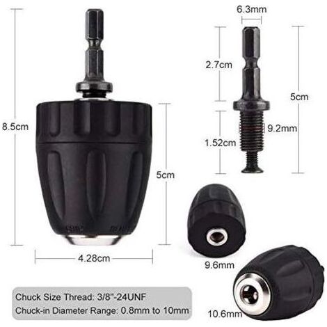 Mandrin Visseuse 3/8 24UNF Adaptateur de Foret Sans Clé pour Perceuse et Visseuse, 0.8 10mm (1/5)