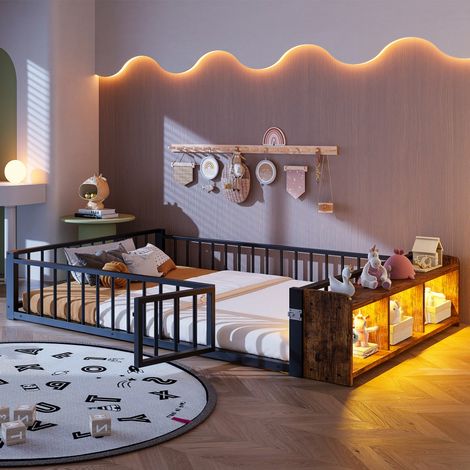 Lit évolutif Enfant 140x200cm - Lit Métal Bas avec Barrière de Sécurité et Rangement LED - Design Industriel - Noir (1/5)