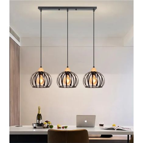 Lampe Suspension - - Vintage - Métal et Bois - Abat-jour Noir - E27 60W (1/5)