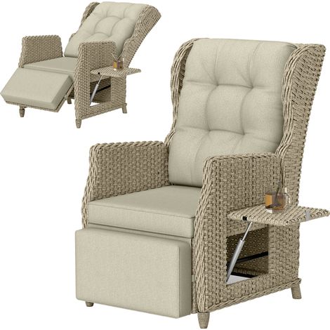 Outsunny Rattan Garden Recliner Chair with Flip Table, Brown (1/5)