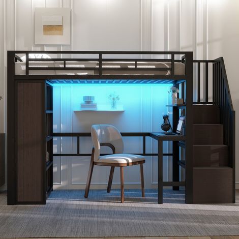 Lit Mezzanine fer noir-LED integree-bureau-rangements-escalier compartiments-251x90x169,4cm-Sans Matelas (1/5)