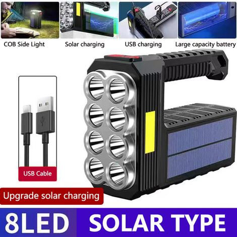 Solar-Taschenlampe mit 8 LEDs und Seitenbeleuchtung, USB-aufladbar, wasserdicht und tragbar – ideal zum Angeln, für Outdoor-Aktivitäten und Camping. Leistungsstarke und handliche Taschenlampe.