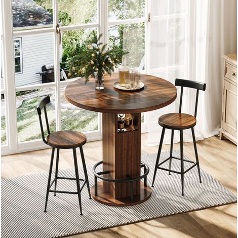Tavolo bar rotondo 80 cm con 2 sgabelli, vano contenitore integrato, finitura noce DESVIAE (1/5)