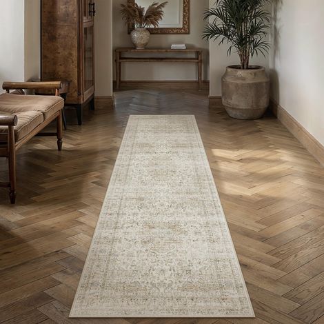 Beige Vintage Tapis Salon 80x300cm Rug Lavable en Machine Grand Antidérapant Rugs,Chambre Adulte,Descente de Lit Carpets,Salle a Manger,Bureau,Cuisine,Interieur Poil Ras Carpet (1/5)