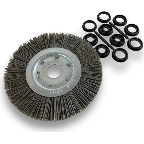 Brosse circulaire NYLON Abrasif  Ø 200 mm  Epaisseur 1 rang  Carbure de silicium Grain 80  Alésage 32 mm + réducteur bague 25/22/20/16/12 mm  Touret meuleuse ponceuse  Kibros 218201KR80 (1/5)