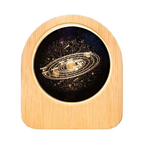 Lampe De Nuit - Boule En Cristal Avec Gravure 3D Système Solaire - Socle En Bois Massif - Éclairage LED Blanc Chaud - USB - 1 Pièce