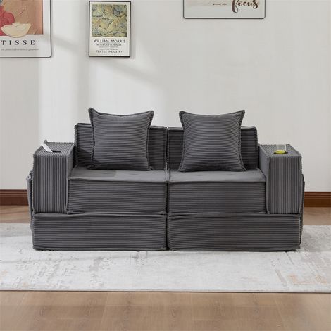Canapé Convertible 2 Places en Velours Côtelé - 162x78x66 cm - Canapé Modulable avec Pouf, Rangement et Porte-Gobelets-Gris Foncé (1/5)