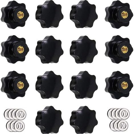 14 Pièces M6 Bouton de Serrage à Filetage Moleté, Poignée en étoile, Boutons à Main en Forme d'étoile Bouton de Serrage en Plastique Noir avec Rondelles (1/4)