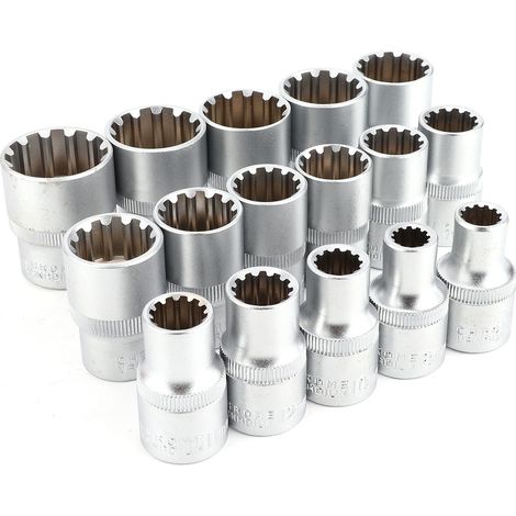 Jeu de 16 douilles cannelées 1/2 po SAE/métriques, finition nickel miroir, 12 pans universel (1/5)