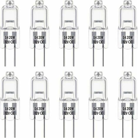 UlisemSet mit 10 G4-Halogenlampen, 12 V und 20 W. Diese Lampen strahlen ein warmweißes Licht von 3000 K mit einer Helligkeit von 350 Lumen aus. Sie sind dimmbar und haben ein transparentes Aussehen. (1/4)