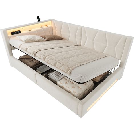 Lit coffre 140x200 cm en velours beige, avec LED tête et pied de lit, USB et Type-C, sommier à lattes, coffre hydraulique, pour chambre - CHICFURN (1/5)