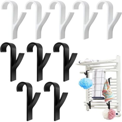 Set of 10 round radiator hooks, towel rails, ABS radiators, towel warmers, bathroom hooks, for standard radiators, white (1/5)