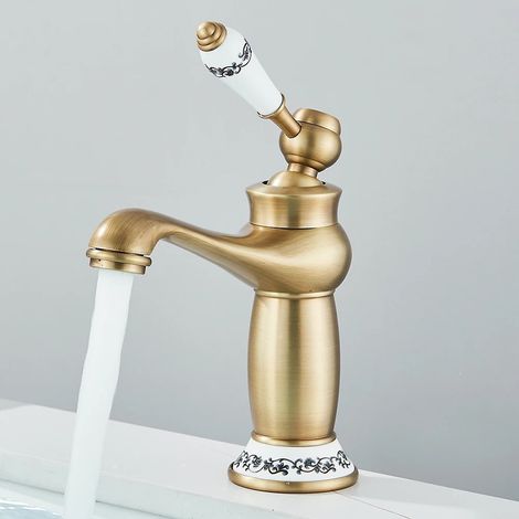 WASCHTISCHARMATUR Retro Antik Messing, Einhand-Mischbatterie 360-Grad-Drehung, Niedrig, Gold
