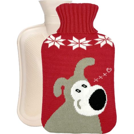 Hot water bottle, thermos, heating pad with knitted cover to relieve the cold, puppy pattern, 2000 ml