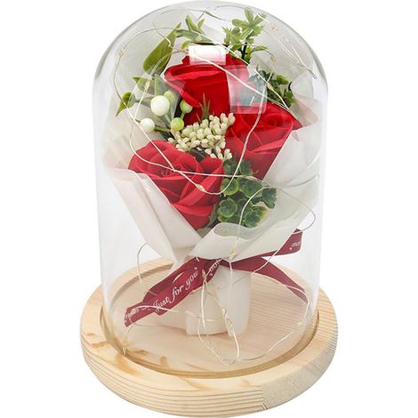 Bouquet De Roses Éternelles - Couvercle En Verre Borosilicaté - Base En Bois - Éclairage Led - Cadeau Pour La Saint-Valentin - 1 Pièce
