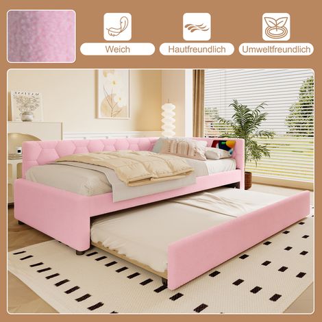 Canapé convertible 90x200 cm, banquette-lit à lattes sans matelas, avec veilleuse USB-C, lit gigogne multifonctionnel, housse en tissu bouclé rose, meuble d'appoint élégant. (1/5)