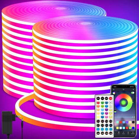 Tira de luz LED de neón de 24 V y 30 m con control remoto, flexible, resistente al agua, para dormitorio, sala de juegos, decoración exterior. (1/5)