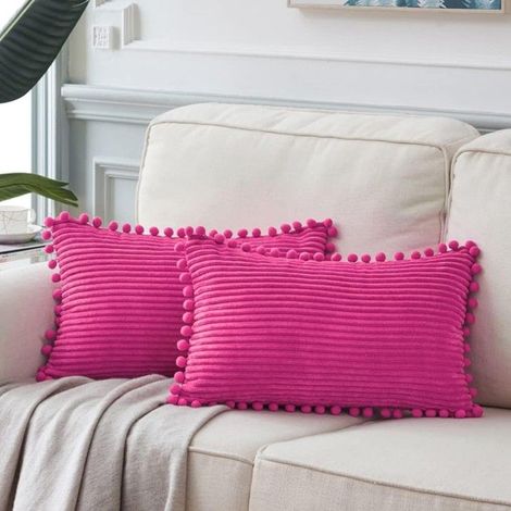 Ensemble de deux housses de coussin décoratives carrées, avec pompons, en velours côtelé uni, idéal pour la décoration d'automne, (1/5)