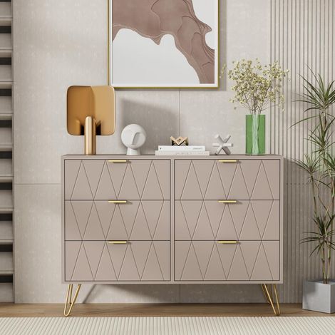UEV Cassettiera 6 Cassetti, Comò in Legno ingegnerizzato, Mobile Cassettiera Salvaspazio per Camera da Letto, Soggiorno, 100 x 34 x 73cm, Beige Mocca
