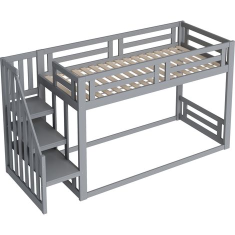 Etagenbett für Kinder, unten 90 x 200 cm, grau, mit Sicherheitstreppe und Lattenrost (1/5)
