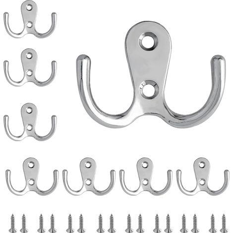 Juego de 8 percheros dobles de pared en color plata, perchero metálico de doble brazo fijado a la pared con tornillos, perchero apto para usar en dormitorio y baño.
