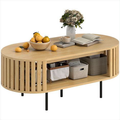Table basse Table en bois design lattes avec étagère ovale (1/5)