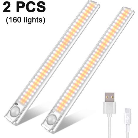 Lot de 2 lampes LED 160 LED avec détecteur de mouvement, éclairage sous meuble, sans fil, alimentées par batterie, à intensité variable et rechargeables, pour placard, cuisine, dressing, escaliers.