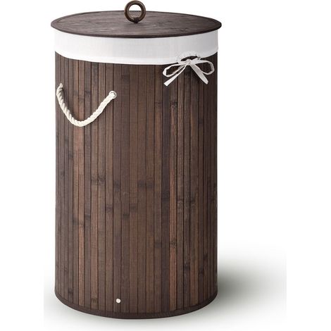 Cesto per la biancheria in bambù Curly - Rotondo Marrone 55 L Cesto per la biancheria con coperchio, maniglia per il trasporto e sacchetto per la biancheria in tessuto (1/3)