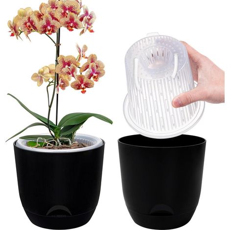 2er-Set Orchideentopf 18,2cm, Selbstbewässerung mit Übertopf, Schwarz (1/5)
