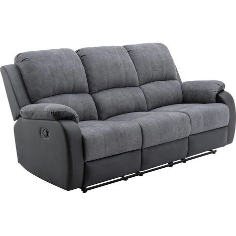 Vente-Unique – Canapé 3 places relax convertible en microfibre et simili gris et noir – Mécanisme manuel – Charge maximale 360 kg – Dimensions 202x99x98 cm (1/5)