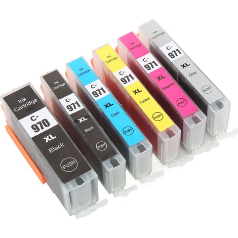Cartouches d'encre 970-971 pour imprimantes PIXMA MG5790/MG5795/MG7790 TS5090/TS8090 (compatibles Corée du Sud). Lot de 6 cartouches couleurs BK/BK/C/M/Y/GY avec recharge d'encre incluse. (1/5)