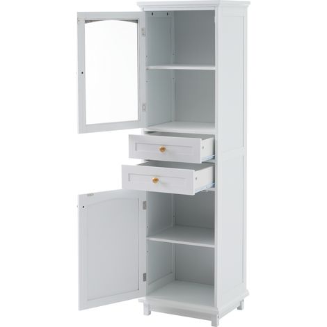 Meuble de salle de bain 45 x 36 x 160 cm, portes vitrées, deux armoires, deux tiroirs, étagères réglables, poignées dorées, glissières inférieures des tiroirs, blanc (1/5)