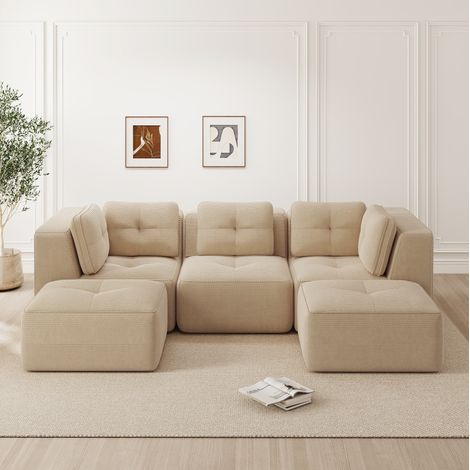 Sofá modular rinconero en U con puf, 297 x 177 x 69 cm, tejido beige HAVRYA (1/5)