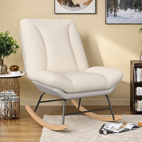 Fauteuil à bascule, grand fauteuil à bascule rembourré, dossier haut réglable, fauteuil à bascule en tissu, fauteuil de salon, fauteuil de lecture, fauteuil de chambre, beige (livraison depuis la Fran (1/5)
