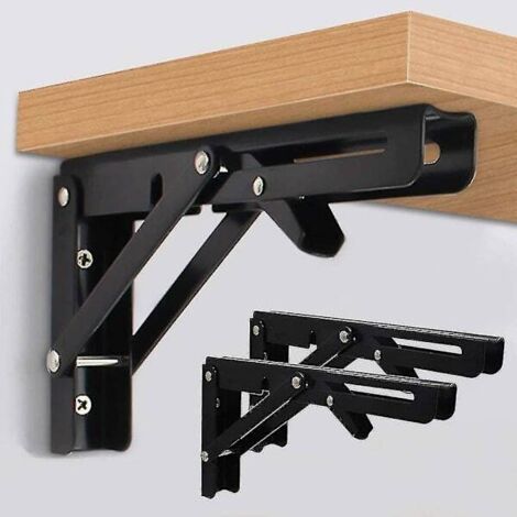Modèle 2023, lot de 2 supports d'étagère pliables, table et tabouret triangulaires robustes noirs de 20 cm en métal, supports d'étagère pliables, fixation murale à charnières. (1/5)