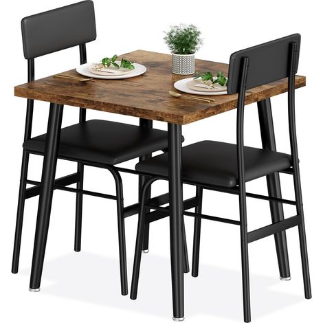 Ensemble repas 3 pièces marron rustique table + 2 chaises pour 2 personnes petit espace (1/5)
