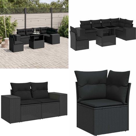 Salon de jardin 7 pcs avec coussins noir résine tressée - Ensemble Salon De Jardin - Meuble Extérieur - Jardin Design - Mobilier Résistant Aux Intempéries - Chaise Lounge - Home & Living (1/5)