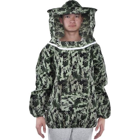 Veste de protection apiculture respirante en polyester camouflage avec chapeau taille unique 45-90kg 150-185cm (1/5)