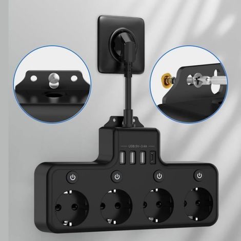 Multiprise Electrique 4 Prises 4000W16A avec 4 Interrupteurs Individuels et 3USB-A 1USB-C Ports pour Maison Voyages (Noir) (1/4)