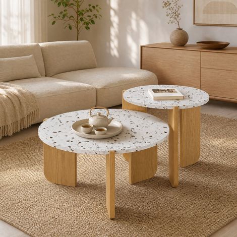 Set de 2 mesas de centro nido en MDF, diseño artístico blanco y madera clara, 70 x 70 x 35 cm y 50 x 50 x 45,5 cm, para salón o balcón  CHICFURN (1/5)