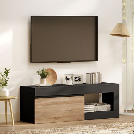 Mueble para TV de 2 puertas para televisores de hasta 60 pulgadas, armario para TV con puerta y estante abierto, color negro. (1/5)