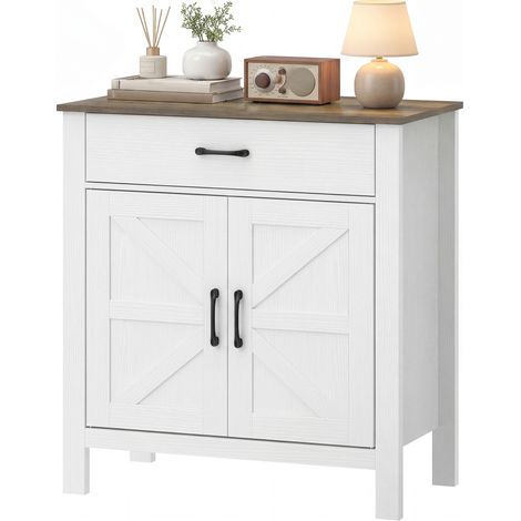 Weißes und braunes Wohnzimmer-Sideboard, 2-türiges Aufbewahrungsmöbel im Scheunentor-Stil, Schublade, verstellbarer Einlegeboden, 77 x 39,3 x 81,5 cm