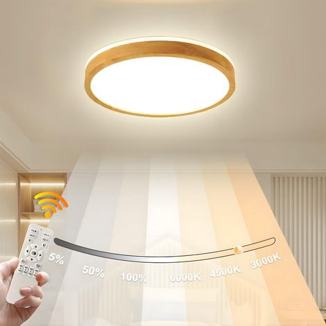Plafonnier LED Bois Ø40cm 3000-6000K 28W Lampe En Bois Naturel À Dessus Rond Lueur À 360 °, Chambre À Coucher Salon Chambre D'Enfant Cuisine Salle (Intensité Variable Avec Télécommande) (1/5)