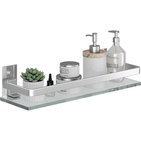 Étagère Murale en Verre Tablette Salle de Bain,étagères murales en Verre trempé de 6 mm d'épaisseur pour Salle de Bain avec Support en Aluminium, Organiseur de shampooing, argenté (1/5)