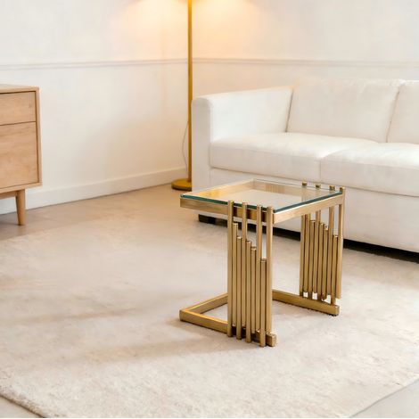 Mesa centro cuadrada de cristal y acero dorado 32 cm OKMYHOME (1/5)